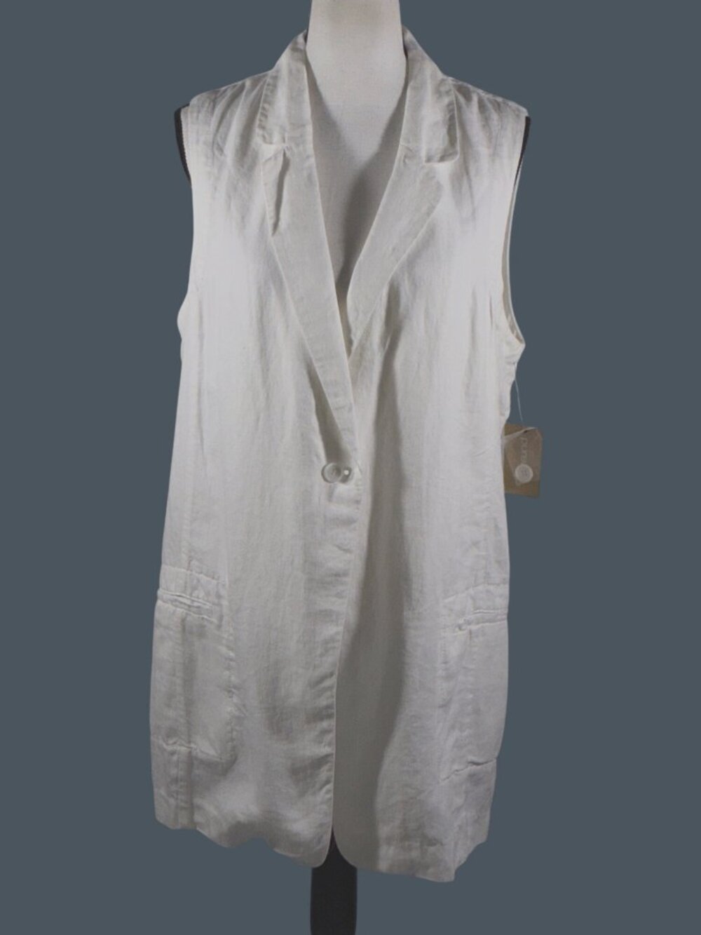 DKNY Pure Linen White Sleeveless longline Vest Jacket W/ Pockets size L NWT